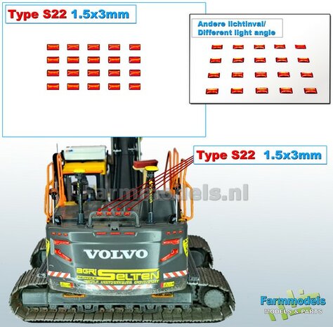 20x Zelfklevende RODE GLIMMERS/ REFLECTOREN  Type S22  afmeting: 1,5 x 3 mm  Kleur: HELDER ROOD  Farmmodels.nl