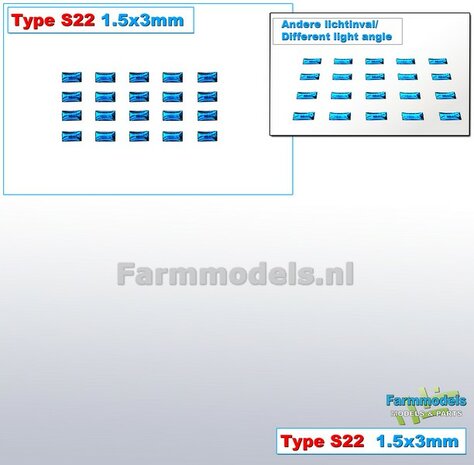 20x Zelfklevende BLAUWE GLIMMERS/ REFLECTOREN  Type S22  afmeting: 1,5 x 3 mm  Kleur: HELDER BLAUW  Farmmodels.nl