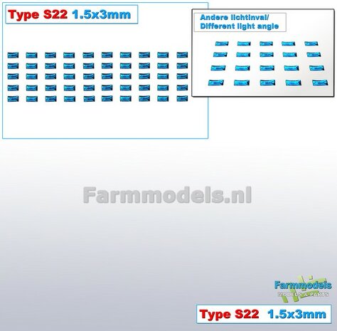 50x Zelfklevende BLAUWE GLIMMERS/ REFLECTOREN  Type S22  afmeting: 1,5 x 3 mm  Kleur: HELDER BLAUW  Farmmodels.nl
