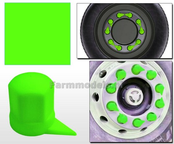 10 Stuks ACID GREEN kleur  WIELMOER AFDEKKAP MET PIJL  Afm. &Oslash; 1,85 x 3,8mm   Materiaal: RESIN ACID GREEN  gespoten geleverd  1:32  
