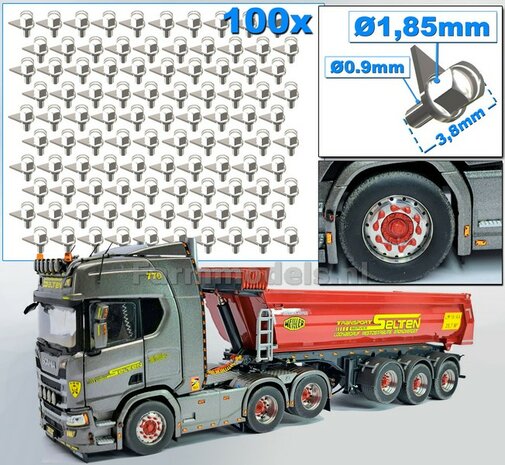 100 Stuks CHROOM kleur  WIELMOER AFDEKKAP MET PIJL  Afm. &Oslash; 1,85 x 3,8mm   Materiaal: RESIN CHROOM gespoten geleverd  1:32  