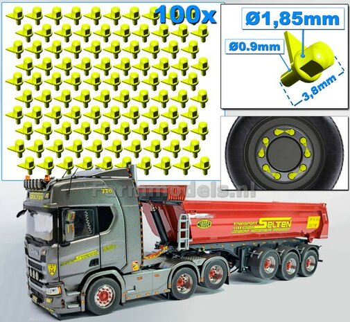 100 Stuks FLASH YELLOW  kleur  WIELMOER AFDEKKAP MET PIJL  Afm. &Oslash; 1,85 x 3,8mm   Materiaal: RESIN FLASH YELLOW  gespoten geleverd  1:32  