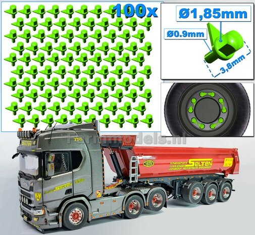 100 Stuks ACID GREEN kleur  WIELMOER AFDEKKAP MET PIJL  Afm. &Oslash; 1,85 x 3,8mm   Materiaal: RESIN ACID GREEN  gespoten geleverd  1:32  