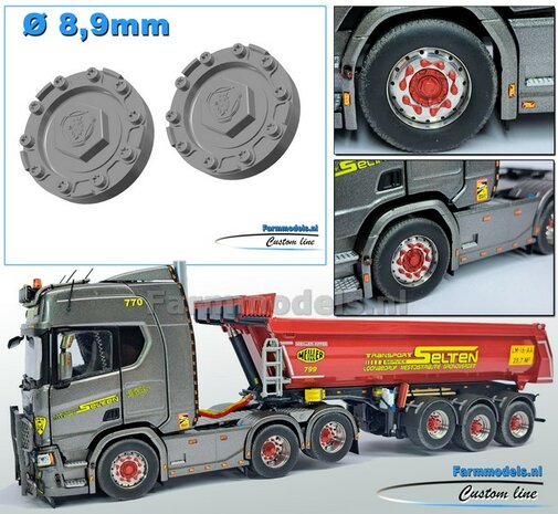 2x SCANIA VOORAS Planeetkappen met SCANIA GRIFFIOEN logo &Oslash; 8.9 mm Materiaal RESIN, BLANK geleverd 1:32    Farmmodels Custom Line