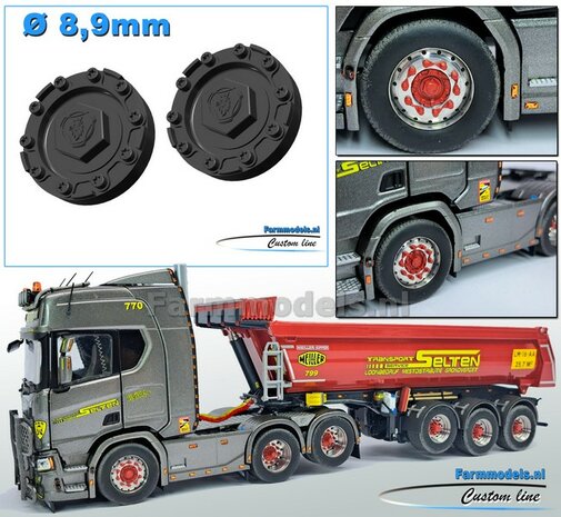 2x SCANIA VOORAS Planeetkappen met SCANIA GRIFFIOEN logo &Oslash; 8.9 mm Materiaal RESIN, ANTRACIET gespoten geleverd 1:32  Farmmodels Custom Line