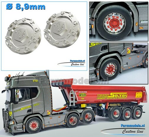 2x SCANIA VOORAS Planeetkappen met SCANIA GRIFFIOEN logo &Oslash; 8.9 mm Materiaal RESIN, CHROOM gespoten geleverd 1:32    Farmmodels Custom Line