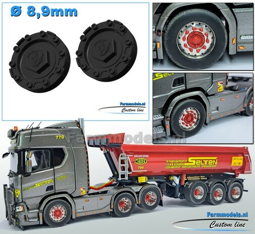 2x SCANIA VOORAS Planeetkappen met SCANIA GRIFFIOEN logo &Oslash; 8.9 mm Materiaal RESIN, ZWART GLANS gespoten geleverd 1:32    Farmmodels Custom Line