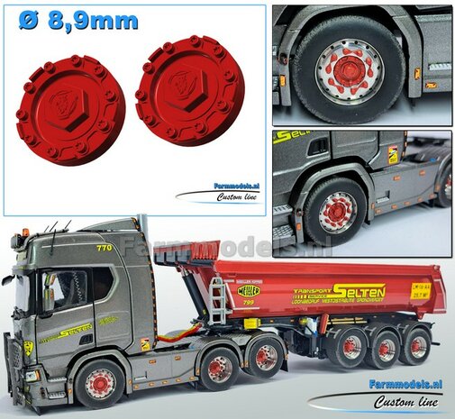 2x SCANIA VOORAS Planeetkappen met SCANIA GRIFFIOEN logo &Oslash; 8.9 mm Materiaal RESIN, KRAMPE ROOD gespoten geleverd 1:32    Farmmodels Custom Line