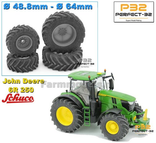 COMBI SET: 2x &Oslash; 48.8 mm + 2x &Oslash; 64 mm: John Deere 6R250 Wiking Bandenset BLANK  1:32  PERFECT-32  REAR + P29