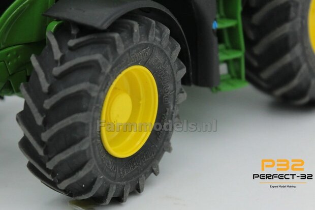 COMBI SET: 2x &Oslash; 48.8 mm + 2x &Oslash; 64 mm: John Deere 6R250 Wiking Bandenset JD GEEL gespoten geleverd 1:32  PERFECT-32  REAR + P29