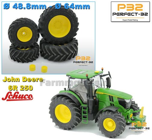 COMBI SET: 2x &Oslash; 48.8 mm + 2x &Oslash; 64 mm: John Deere 6R250 Wiking Bandenset JD GEEL gespoten geleverd 1:32  PERFECT-32  REAR + P29