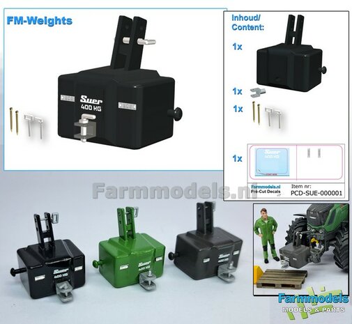SUER FRONTGEWICHT 400 kg  ZWART GLANS + LOSSE TREKHAAK + SUER 400kg &amp; REFLECTOREN WIT + Pr&eacute;-Cut Decal Stickerset + PINNEN   1:32  