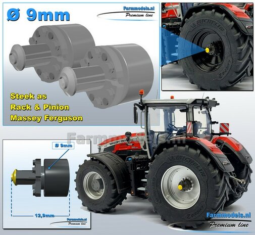2x  MASSEY FERGUSON STEEK-ASSEN   &Oslash; 9mm t.b.v. ACHTERAS RESIN BLANK Geleverd  1:32  Farmmodels Premium Line Series