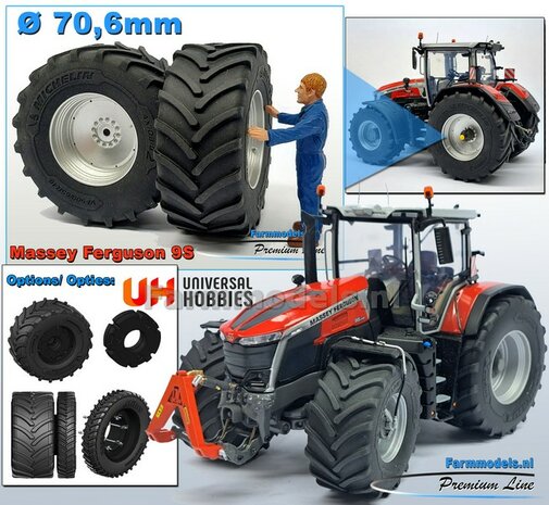 &Oslash; 70.6 x 30.4 mm: MASSEY FERGUSON 9Sg: 2x Michelin Axiobib2 Banden + Resin Velgen ALU-METALIC Gespoten geleverd 1:32   Premium Line Series  