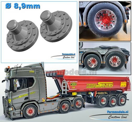 2x SCANIA ACHTERAS Planeetkappen &Oslash; 8.9 mm Materiaal RESIN, BLANK geleverd 1:32    Farmmodels Custom Line