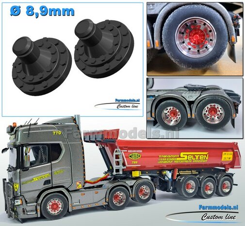 2x SCANIA ACHTERAS Planeetkappen  &Oslash; 8.9 mm Materiaal RESIN, ANTRACIET gespoten geleverd 1:32  Farmmodels Custom Line