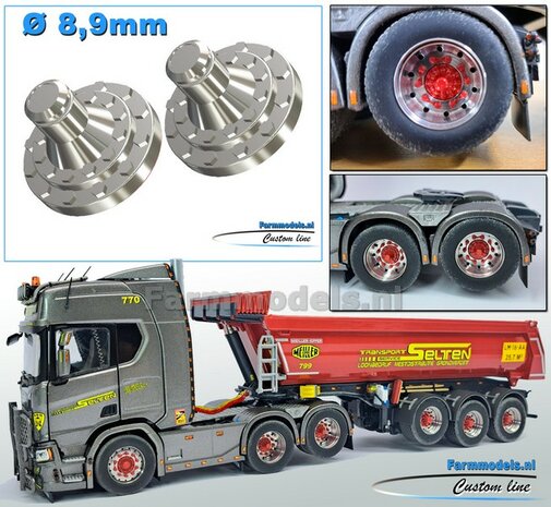 2x SCANIA ACHTERAS Planeetkappen &Oslash; 8.9 mm Materiaal RESIN, CHROOM gespoten geleverd 1:32    Farmmodels Custom Line