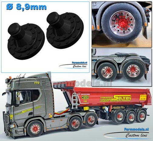 2x SCANIA ACHTERAS Planeetkappen &Oslash; 8.9 mm Materiaal RESIN, ZWART GLANS gespoten geleverd 1:32    Farmmodels Custom Line