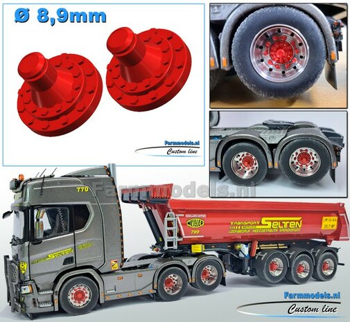 2x SCANIA ACHTERAS Planeetkappen &Oslash; 8.9 mm Materiaal RESIN, KRAMPE ROOD gespoten geleverd 1:32    Farmmodels Custom Line