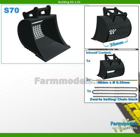 BOUWKIT: S70 KETTINGBAK 35 mm breed. Mat: Resin ZWART gespoten + ZWARTE KETTING &amp; 2 asjes t.b.v. S70 KOPPELING o.a. Volvo EC220E van AT 1:32  