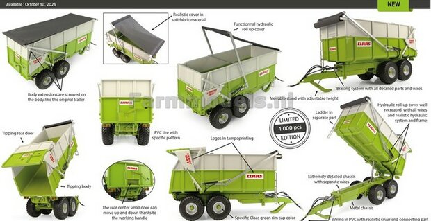 Claas Carat 160T Tandemasser kipper met opzetschotten en hydraulisch oprolbaar afdeknetsyteem LIM. ED. 1000st. 1:32 UNIVERSAL HOBBIES UH6854    LEVERBAAR OKT. 2026/AVAILABLE OCT. 2026