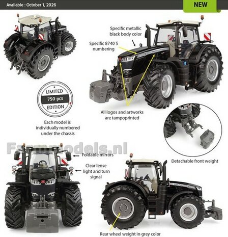 BLACK EDITION Massey Ferguson 8740 S LIM. ED. 750 st.  FREE GIFT VOORRUIT STICKERSET1:32 Universal Hobbies  UH7280    LEVERBAAR OKT. '26/AVAILABLE OCT. '26
