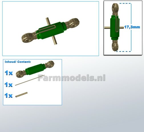Topstang DELUXE lengte 17.3mm met 2x KOGELKOP aansluiting. RESIN, JD 7810 GROEN gespoten + 2x messing as t.b.v. details 1:32