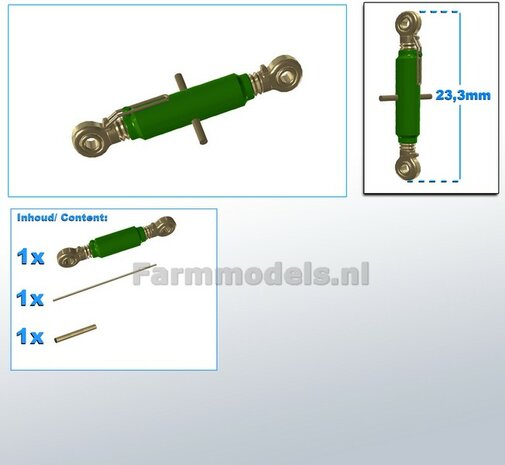 Topstang DELUXE lengte 23.3mm met 2x KOGELKOP aansluiting. RESIN, JD 7810 GROEN gespoten + 2x messing as t.b.v. details 1:32