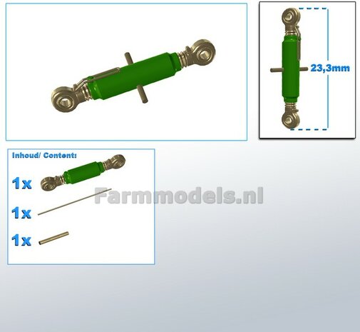 Topstang DELUXE lengte 23.3mm met 2x KOGELKOP aansluiting. RESIN, JD 7R 310 GROEN gespoten + 2x messing as t.b.v. details 1:32