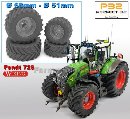 COMBI SET: 2x &Oslash; 51 mm + 2x &Oslash; 68 mm: Fendt 728 Wiking Bandenset BLANK  1:32  PERFECT-32 P28 + P29