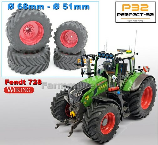 COMBI SET: 2x &Oslash; 51 mm + 2x &Oslash; 68 mm: Fendt 728 Wiking Bandenset ROOD incl. 2x afdekplaat achteras 1:32  PERFECT-32 P28 + P29