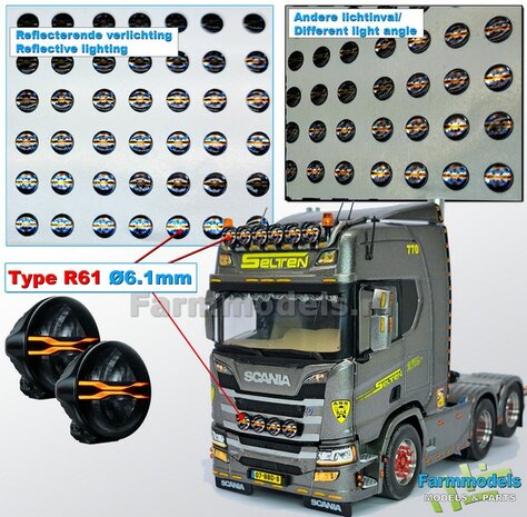 20x ronde &Oslash;6.1mm X-SPIDER Zelfklevende ORANJE reflecterende verstraler/glimmers Type R61 Kleur: ORANJE met lichte BLAUWE tinten