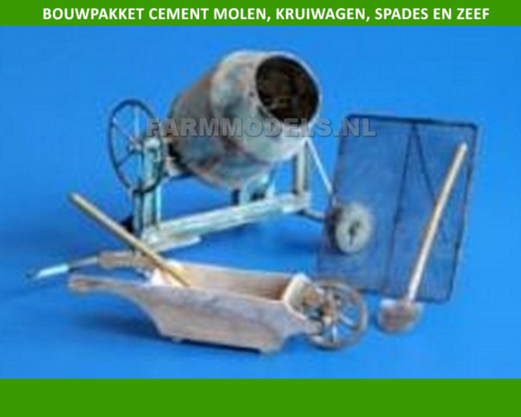 Cement molen, kruiwagen, spades en zeef bouwkitje
