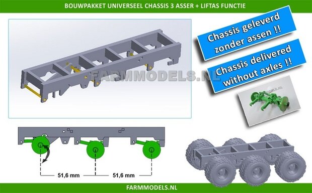 Universeel 3-as chassis met liftas functie, asafstand 51.56 mm (1:1 = 1650 mm) perfect als basis voor je zelfbouwchassis, 1:32, geleverd zonder assen / banden!!! (HTD)