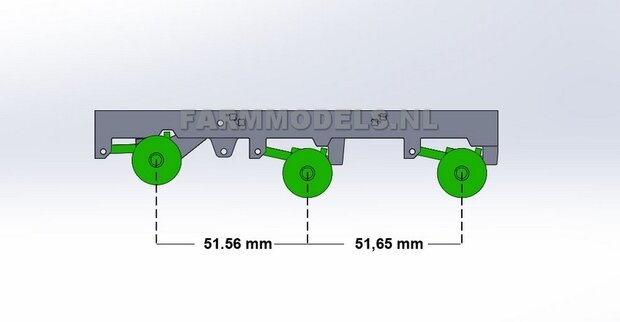 Universeel 3-as chassis met liftas functie, asafstand 51.56 mm (1:1 = 1650 mm) perfect als basis voor je zelfbouwchassis, 1:32, geleverd zonder assen / banden!!! (HTD)