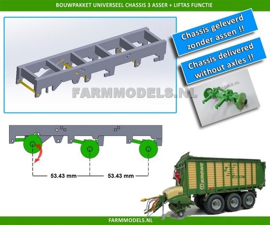 Universeel 3-as chassis (zonder banden en velgen) met liftas functie, asafstand 53.43 mm (1:1 = 1710 mm) perfect als basis voor je zelfbouwchassis, 1:32 (HTD)             