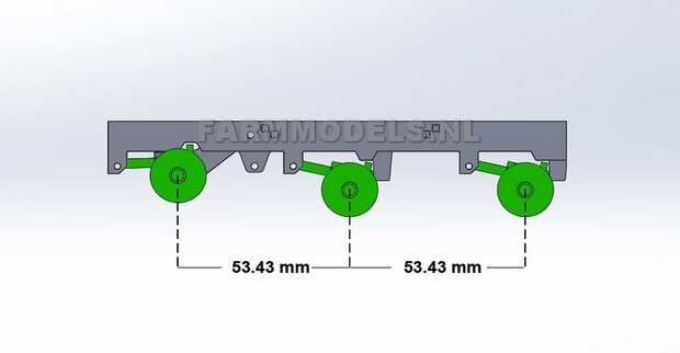 Universeel 3-as chassis (zonder banden en velgen) met liftas functie, asafstand 53.43 mm (1:1 = 1710 mm) perfect als basis voor je zelfbouwchassis, 1:32 (HTD)             