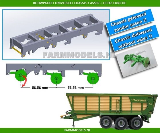 Universeel 3-as chassis met liftas functie, asafstand 56.65 mm (1:1 = 1810 mm) perfect als basis voor je zelfbouwchassis, 1:32, geleverd zonder assen / banden!!! (HTD)