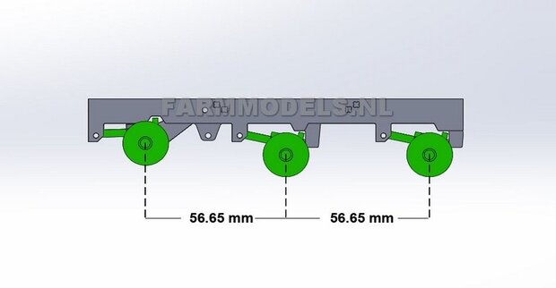 Universeel 3-as chassis met liftas functie, asafstand 56.65 mm (1:1 = 1810 mm) perfect als basis voor je zelfbouwchassis, 1:32, geleverd zonder assen / banden!!! (HTD)