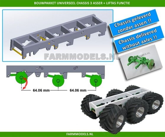 Universeel 3-as chassis met liftas functie, asafstand 64.06 mm (1:1 = 2050 mm) perfect als basis voor je zelfbouwchassis, 1:32, geleverd zonder assen / banden!!!                    