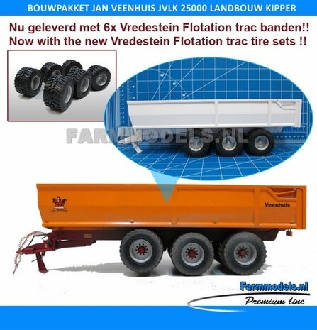 Jan Veenhuis JVLK 25000b Tridem asser Landbouw Kipper BOUWKIT + Vredestein Flotation Trac banden + met witte Resin velgen + BPW eindnaven 1:32 Premium Line (HTD)  SUPERSALE