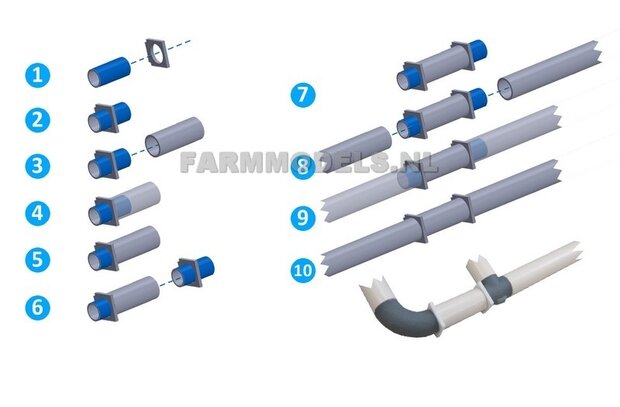 Koppelplaten set + buis / pijp &Oslash; 7 mm: 8x koppelplaten + 10 cm koppelbuis &Oslash; 6 mm + 25 cm buis / pijp &Oslash; 7 mm  1:32                     