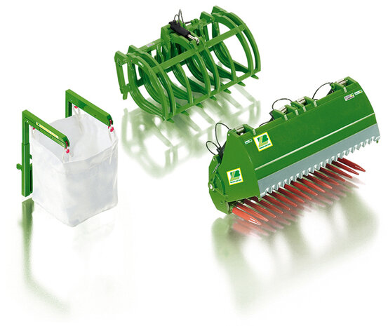 JD kleur Frontladerset B : Silagebak, Big Bag &amp; Takkenklem Bressel und Lade 1:32 Wiking WK77382   NB2B   MEGA SALE