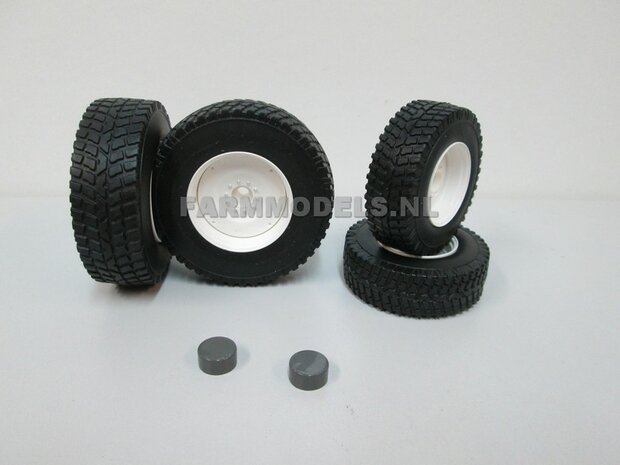 COMBI SET: 2x &Oslash; 50.6 mm + 2x &Oslash; 61.6 mm Straat/ Gazon banden WITTE VELGEN Nokia + eindvertragingen vooras (o.a. geschikt voor de T4 serie Valtra), Wiking77396
