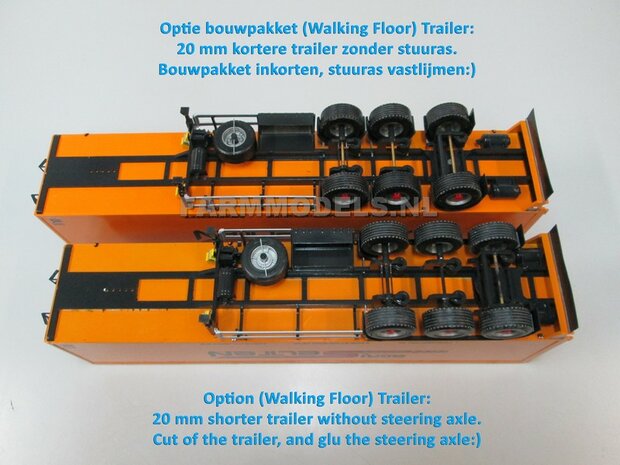 Trailer (Walking Floor) Bouwpakket Basis, incl. 6x SuperSingle banden + velgen + BPW eind doppen + stuuras 1:32 (HTD) 