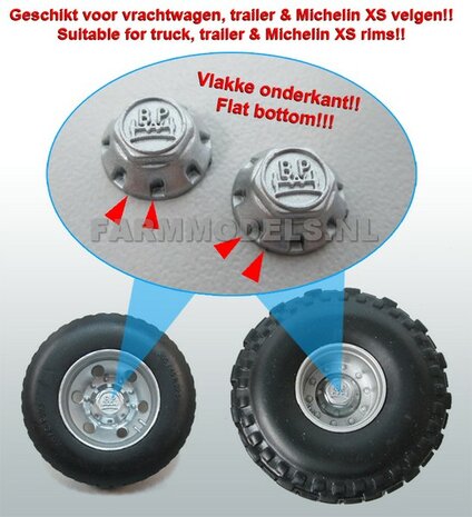 2x BPW Eindvertraging VLAKKE ONDERKANT!!, &Oslash; 9 mm t.b.v. velgen dubbelle montering truck / vrachtwagen bandenset - 1:32 