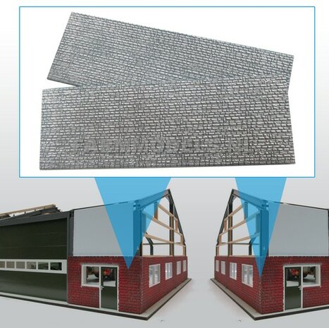 2x FOAM relie&euml;f muurdelen, 370 x 125 x +-6 mm, wit grijs-t.b.v. (bewaar-) loods / stal, 1:32 (170861)           