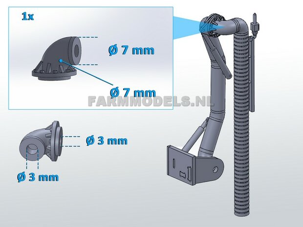 90 graden Bocht met Flensplaat t.b.v. koppeling met andere Flensplaat &Oslash; 7 mm of Freeswerk Zuigarm set  1:32                  