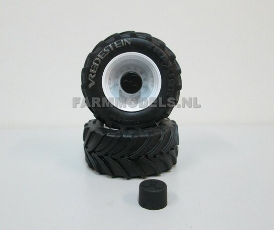 Vredestein Traxion 710/60 R34 (vooras) banden, Vredestein licht grijs + Die Cast velgen (NH) Wit + eindvertraging &Oslash; 52.3 mm 1:32 Universele set 