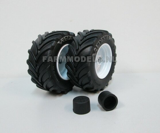 Vredestein Traxion 710/60 R34 (vooras) banden, Vredestein licht grijs + Die Cast velgen (NH) Wit + eindvertraging &Oslash; 52.3 mm 1:32 Universele set 